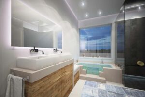 Modern Phoenix bathroom with Arizona climate-appropriate design featuring optimized plumbing and water-efficient fixtures