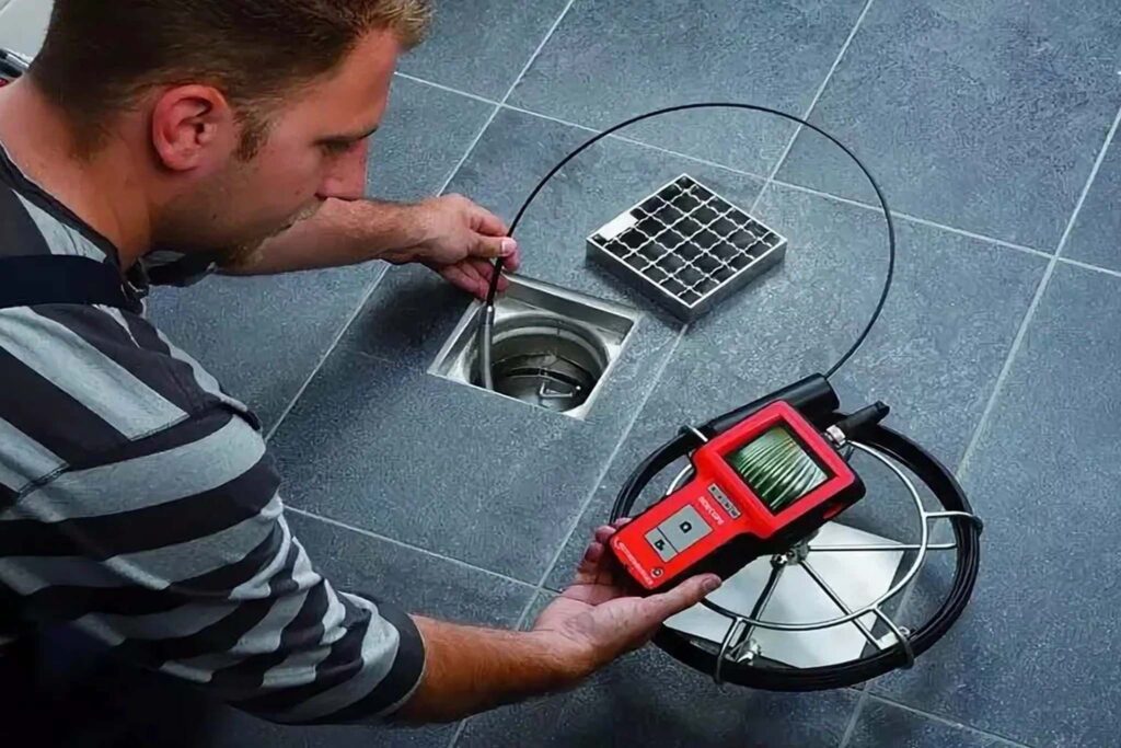 Sewer camera inspecting a clogged underground pipe in a residential area