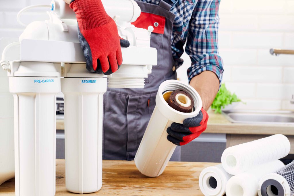 Illustration of a water softener system for Arizona homes with Phoenix and desert background