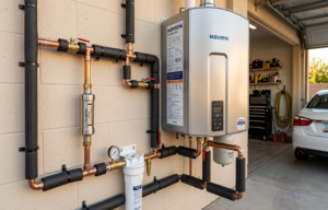 Top-rated Navien tankless water heater installation in Phoenix Arizona, featuring scale-resistant stainless steel heat exchangers.