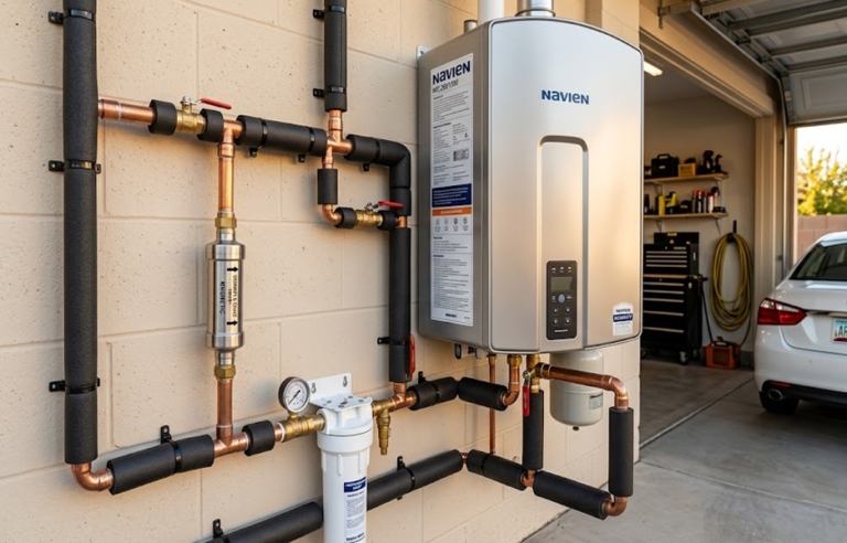 Top-rated Navien tankless water heater installation in Phoenix Arizona, featuring scale-resistant stainless steel heat exchangers.