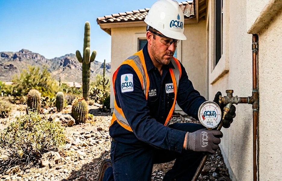APS Plumbing emergency technician diagnosing low water pressure issues during a hot Arizona summer day.