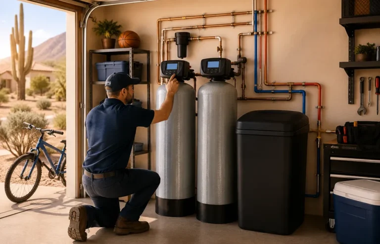 Professional high-capacity water softener installation for a large household in Phoenix AZ to combat hard water.
