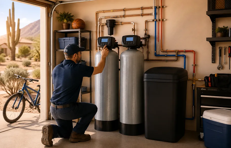 Professional high-capacity water softener installation for a large household in Phoenix AZ to combat hard water.