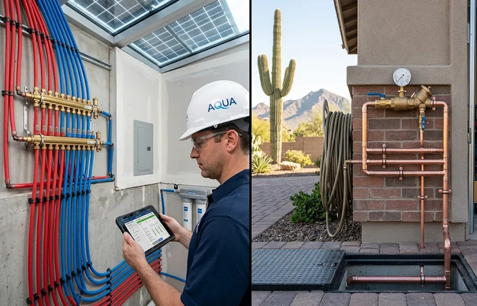 Comparative layout of dynamic PEX distribution runs and heavy-duty copper main service lines installed by Aqua Plumbing Services.
