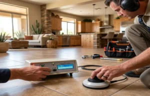 Professional electronic leak detection being performed on a kitchen tile floor in Phoenix Arizona to locate a hidden slab leak.