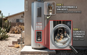 Advanced electric water heater element continuity diagnostics performed by an Aqua Plumbing Services technician.