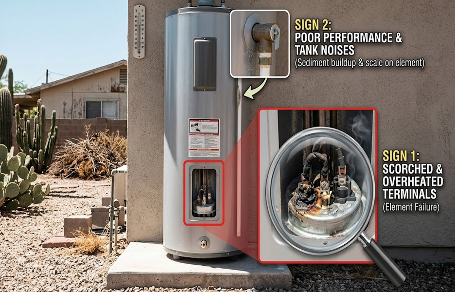Advanced electric water heater element continuity diagnostics performed by an Aqua Plumbing Services technician.