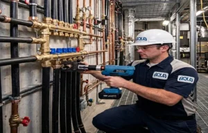 Commercial APS Plumbing technician crimping heavy-duty PEX water distribution lines during a Scottsdale condo repiping project.