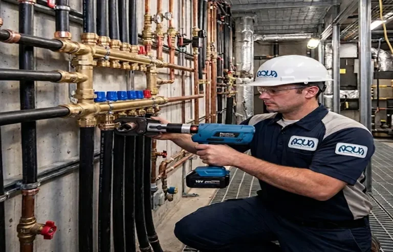 Commercial APS Plumbing technician crimping heavy-duty PEX water distribution lines during a Scottsdale condo repiping project.