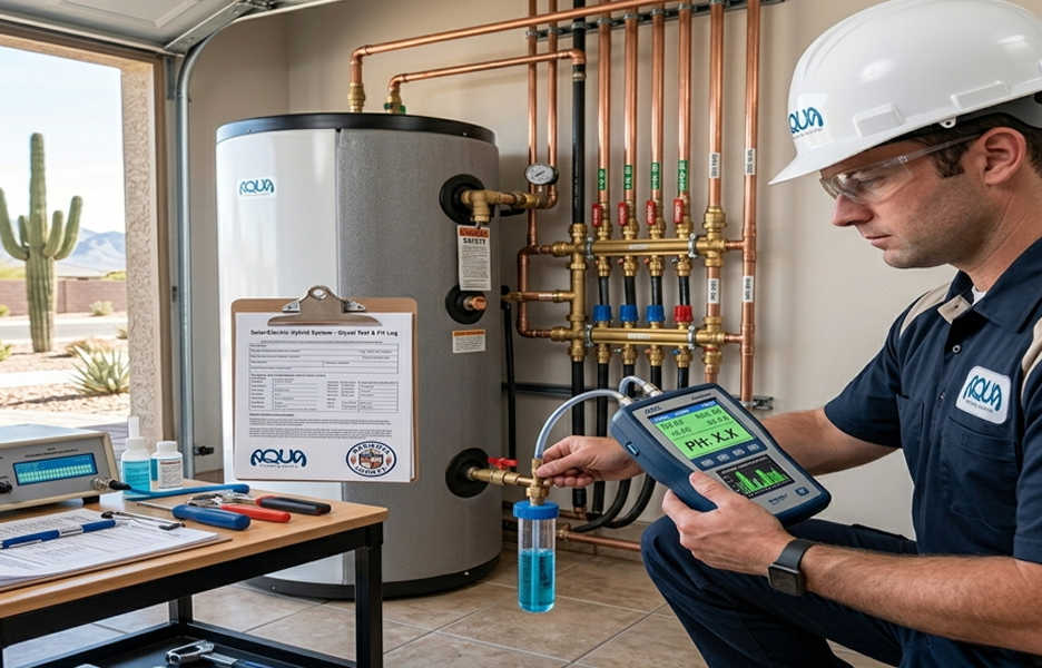 APS Plumbing professional testing solar thermal water heater glycol fluid levels in a Phoenix home garage during summer.