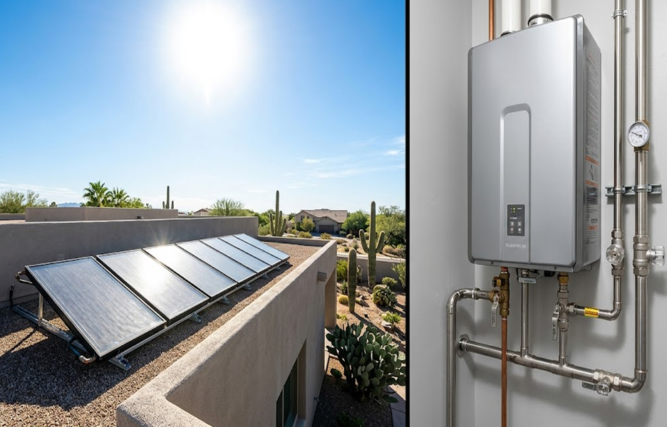 Structural comparison between outdoor rooftop solar thermal collectors and an indoor tankless water heater by Aqua Plumbing Services.