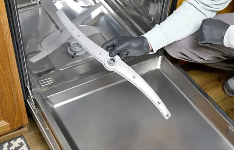A homeowner cleaning clogged dishwasher spray arms by clearing hard water sediment from the jet holes using a wire tool in Scottsdale, Arizona.