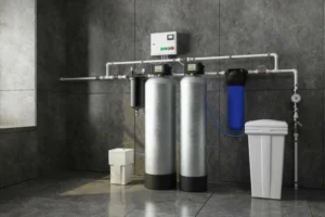 Professional multi-stage well water filtration system featuring an air-injection oxidizing iron filter and commercial-grade water softener installed in a Pinal County, Arizona home.