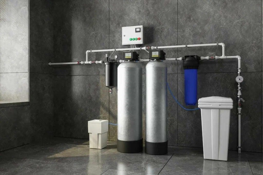 Professional multi-stage well water filtration system featuring an air-injection oxidizing iron filter and commercial-grade water softener installed in a Pinal County, Arizona home.