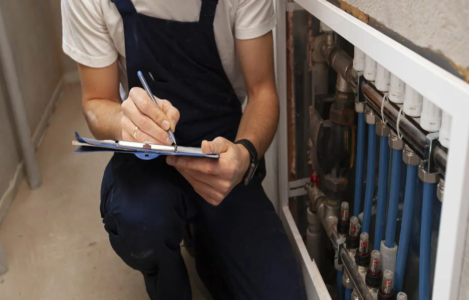 A homeowner filling out an Arizona plumbing leak insurance checklist alongside a professional plumber inspecting a burst pipe.