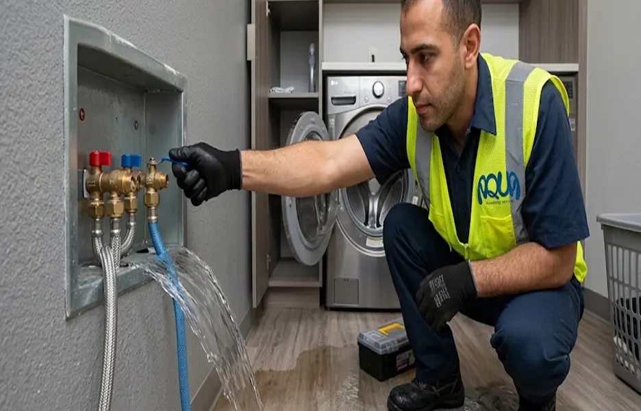 Technician shutting off a burst washing machine hose valve in a flooded Tempe Arizona apartment laundry closet