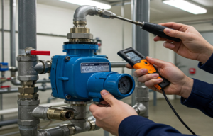 Certified backflow prevention assembly tester calibrating a commercial RPZ valve in Chandler Arizona