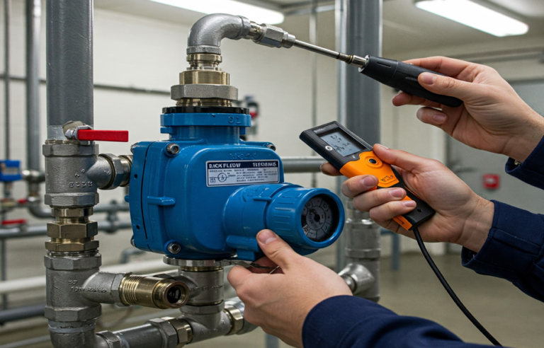 Certified backflow prevention assembly tester calibrating a commercial RPZ valve in Chandler Arizona