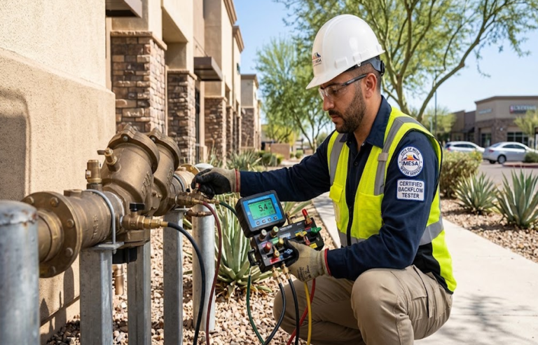 Certified backflow prevention assembly tester calibrating a commercial RPZ valve in Chandler Arizona