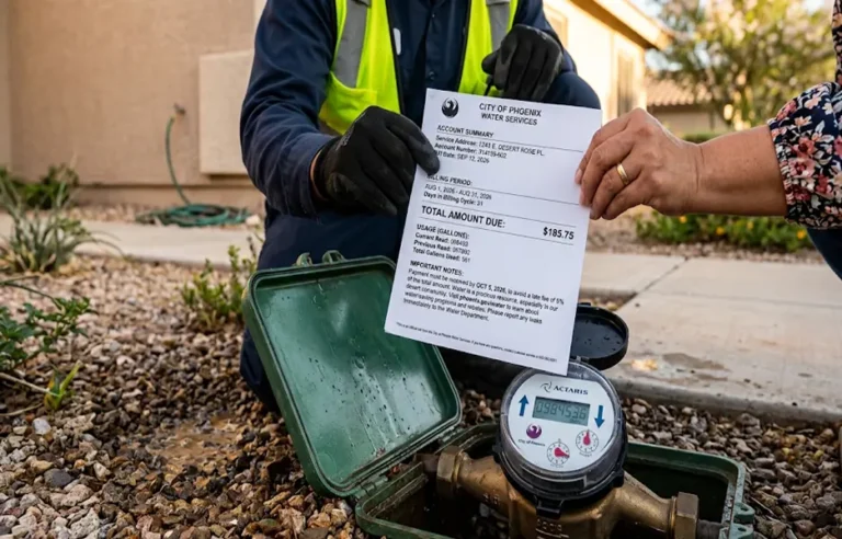 Homeowner checking water meter to diagnose high summer water bills and hidden leaks in Arizona