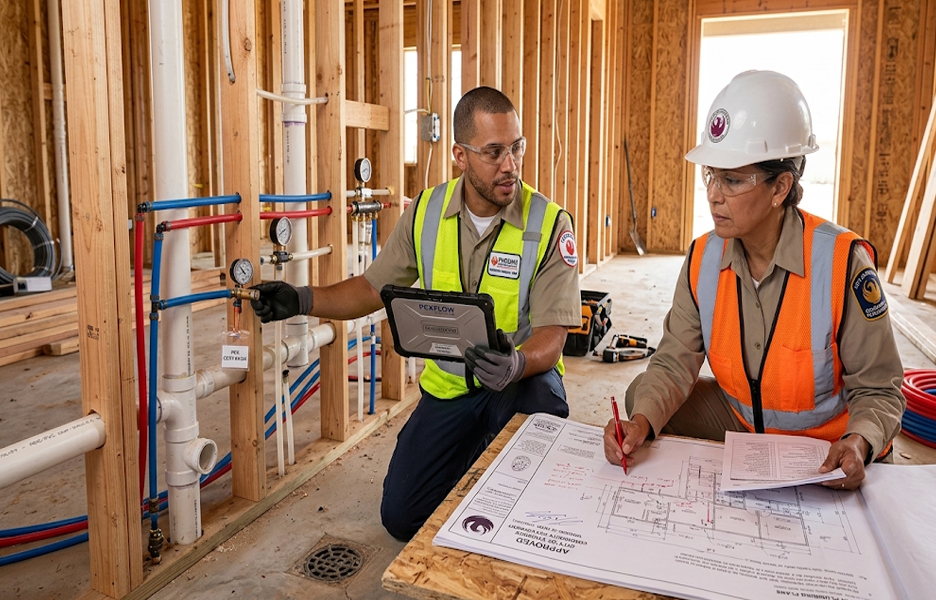 Licensed Arizona plumber and city building inspector reviewing residential plumbing rough-in permits in Maricopa County