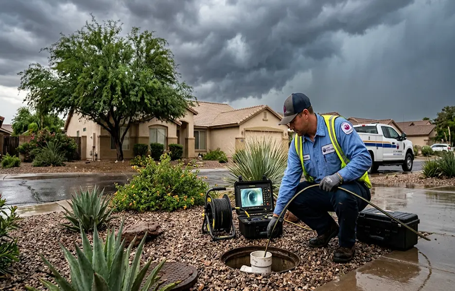 Professional plumber inspecting an underground residential sewer cleanout during an Arizona monsoon storm