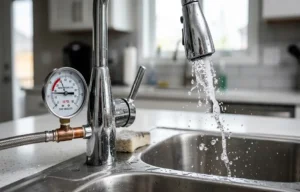 Bathroom faucet sputtering water and trapped air bubbles due to an underground main water line breach in Phoenix Arizona