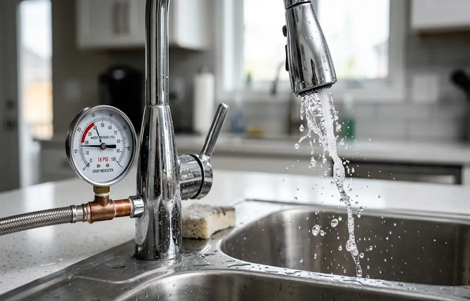 Bathroom faucet sputtering water and trapped air bubbles due to an underground main water line breach in Phoenix Arizona