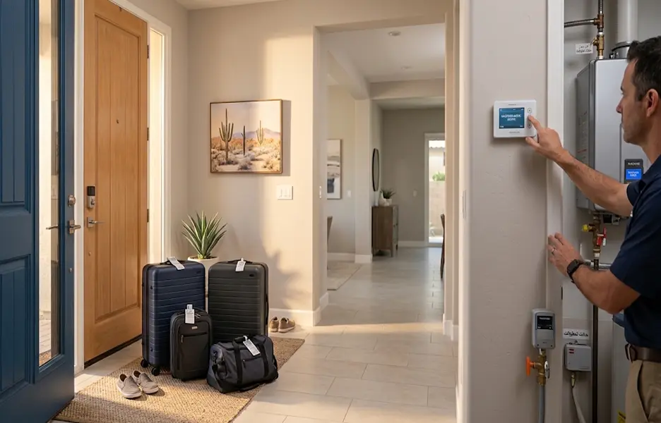 Homeowner preparing residential plumbing and water shut-off before leaving on summer vacation in Phoenix Arizona